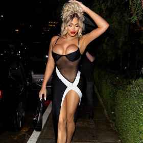 Sling black and white contrast mesh panel sexy split dress