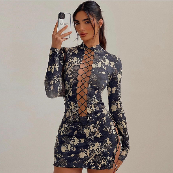 Stand up collar strap cut out top printed mini skirt fashionable dress
