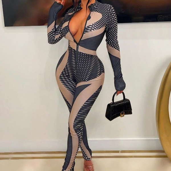 Irregular fashion printed long sleeve tight sports jumpsuit