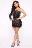 Fashionable hip wrap dress One side long sleeve sequin tassel sexy party nightclub dress