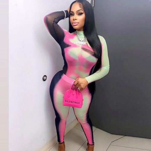 Irregular printing one-piece top trousers fitness casual suit