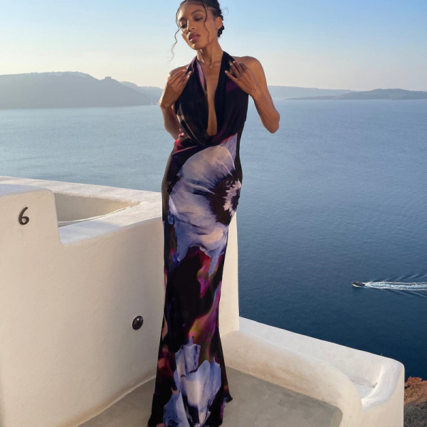 Digital printed sexy drop collar long mid length dress
