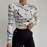 Abstract Print Long Sleeve Round Neck Street Personality Versatile Top