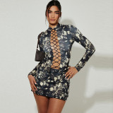 Stand up collar strap cut out top printed mini skirt fashionable dress