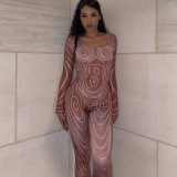 Women's long sleeve round neck irregular printing casual fashion sports jumpsuit