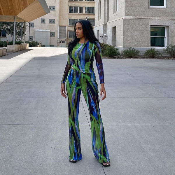 Round Neck Pleated Long Sleeve Top High Waist Flare Pants Fashion Set