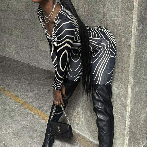 Women's long sleeve round neck irregular printing casual fashion sports jumpsuit