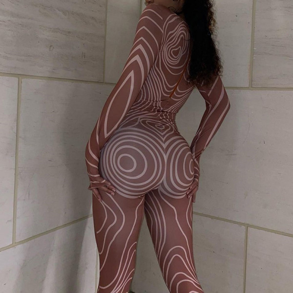 Women's long sleeve round neck irregular printing casual fashion sports jumpsuit