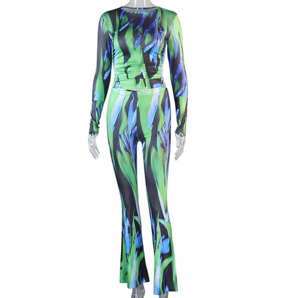 Round Neck Pleated Long Sleeve Top High Waist Flare Pants Fashion Set