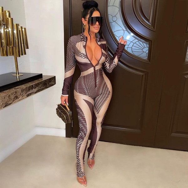 Irregular fashion printed long sleeve tight sports jumpsuit