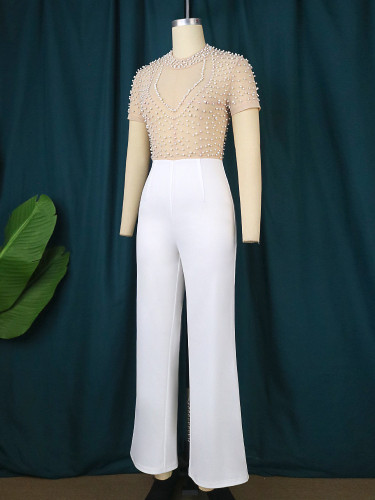 Round neck short sleeve beaded jumpsuit casual style high waist slim party dress