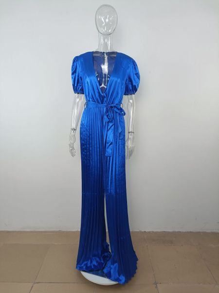 Sexy V-neck short sleeve banded pleated wide leg jumpsuit