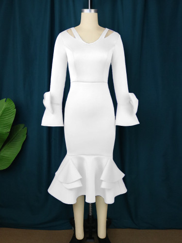 Personalized Hollow Collar Sexy Big Hemline Dress New Flare Sleeves Fishttail Dress