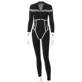 Long sleeve color contrast slim street spice jumpsuit