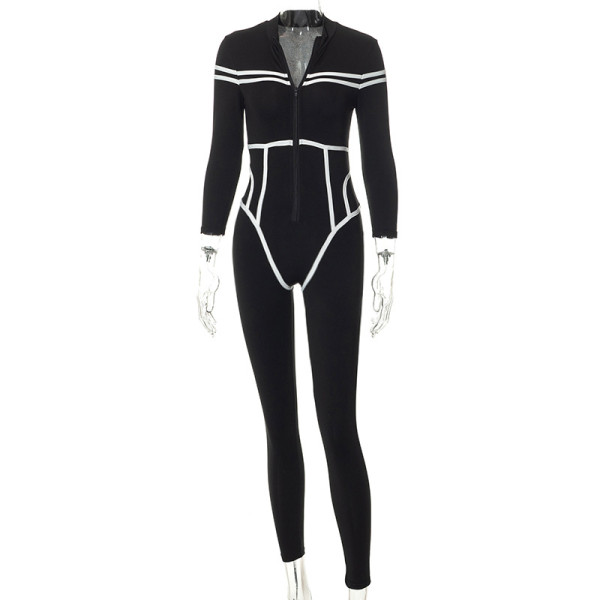 Long sleeve color contrast slim street spice jumpsuit