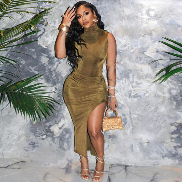 Pullover High Neck Sleeveless Solid Split Mid length Dress