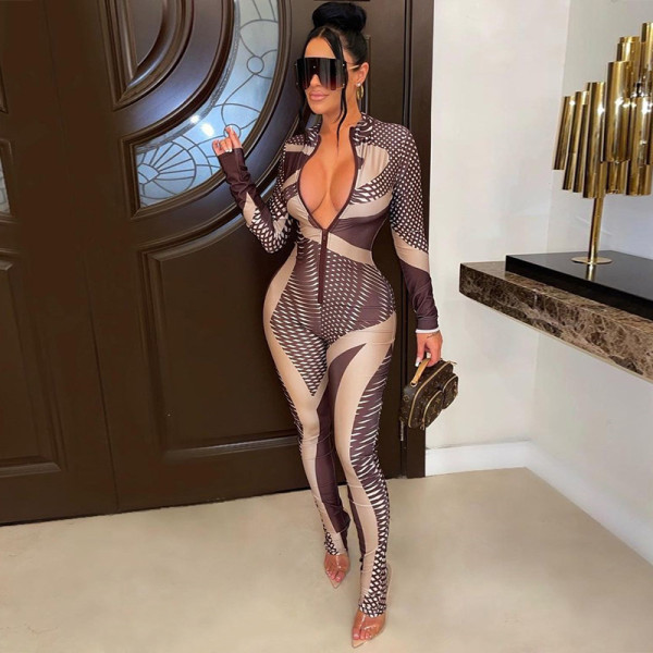 Irregular fashion printed long sleeve tight sports jumpsuit