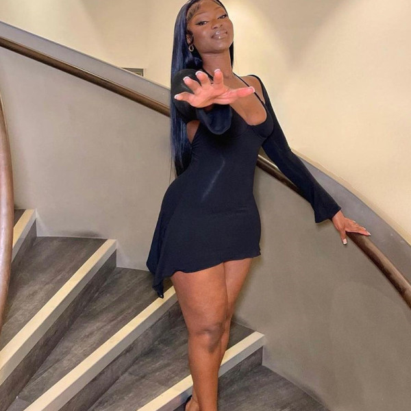 Sexy Solid Neck Long Sleeve Irregular Dress