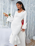 Personalized Hollow Collar Sexy Big Hemline Dress New Flare Sleeves Fishttail Dress