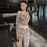 Letter printed round neck long sleeve top high waist hip lifting leggings fashion suit