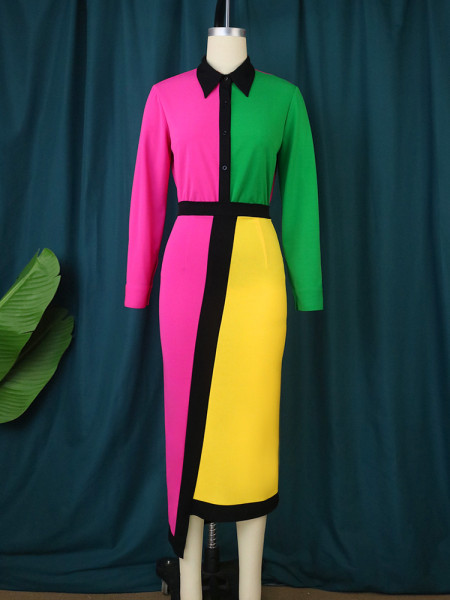 Color blocking long sleeved one-piece dress with small number of color contrast and asymmetric personality