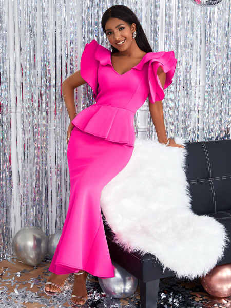 Sweet Ruffle Dress V-Neck Waist Slim Dress