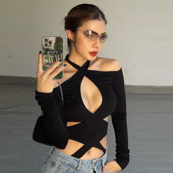 Hanging Neck Off Shoulder Wrapping Chest Long Sleeve Hollow Spice Girls Bodysuit