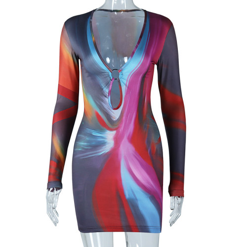 Metal Hollow out Digital Printing V-Neck Long Sleeve Hip Wrap Dress