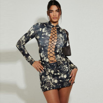 Stand up collar strap cut out top printed mini skirt fashionable dress Stand up collar strap cut out top printed mini skirt fashionable dress