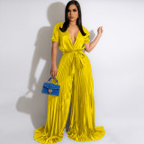 Sexy V-neck short sleeve banded pleated wide leg jumpsuit