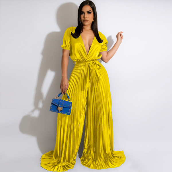 Sexy V-neck short sleeve banded pleated wide leg jumpsuit