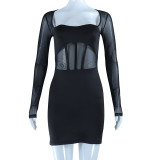 Sexy wrap chest splicing mesh long sleeve wrap hip dress