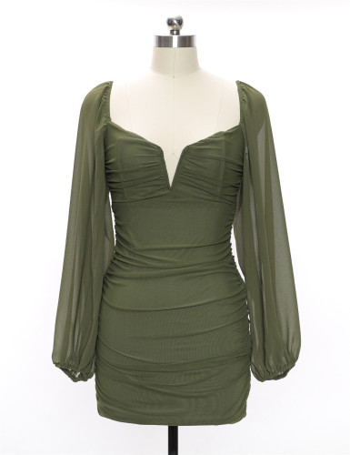 Dress temperament green V-neck mesh skirt French high waist skirt