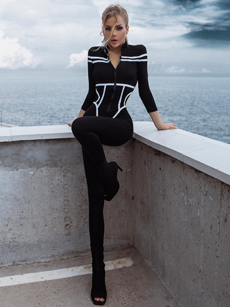 Long sleeve color contrast slim street spice jumpsuit