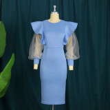 Round neck ruffle see through organza long sleeve high waist party dress women's dress