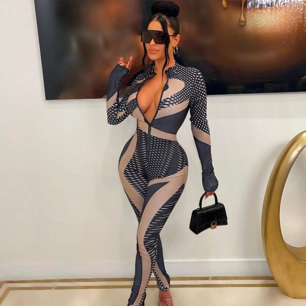 Irregular fashion printed long sleeve tight sports jumpsuit