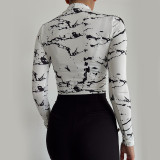 Abstract Print Long Sleeve Round Neck Street Personality Versatile Top