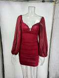 Dress temperament green V-neck mesh skirt French high waist skirt