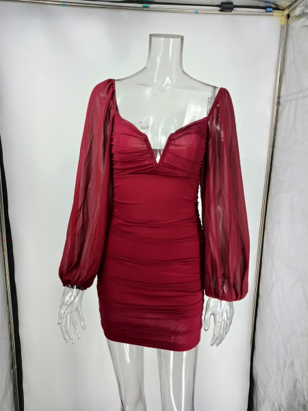 Dress temperament green V-neck mesh skirt French high waist skirt