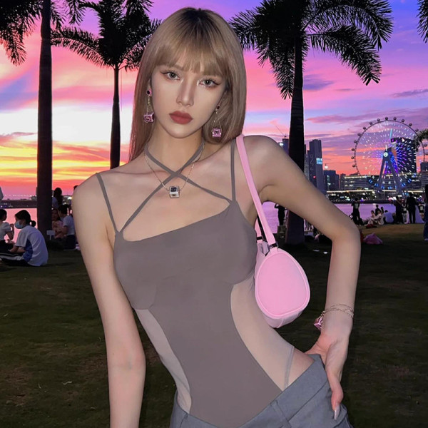 Mesh Splice Sleeveless Strap Perspective Spice Girls' Bodysuit