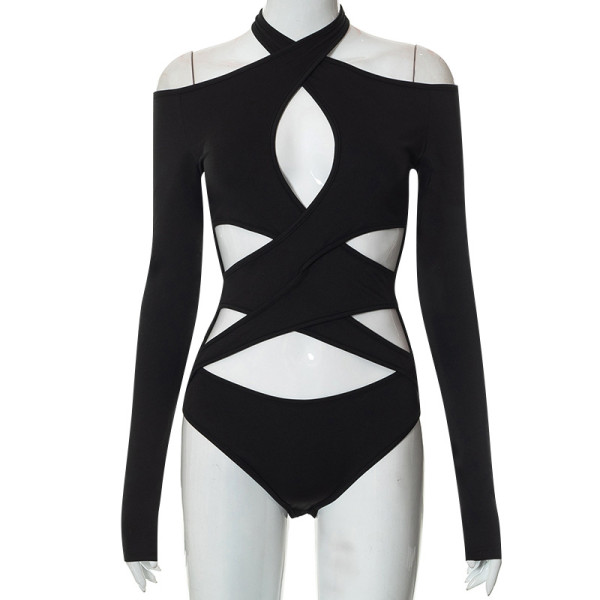 Hanging Neck Off Shoulder Wrapping Chest Long Sleeve Hollow Spice Girls Bodysuit