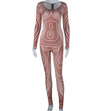 Women's long sleeve round neck irregular printing casual fashion sports jumpsuit