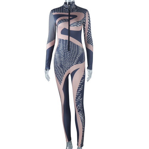 Irregular fashion printed long sleeve tight sports jumpsuit