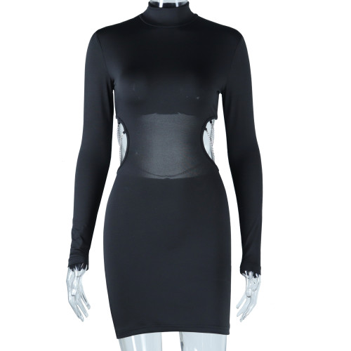 Hollow Solid Half High Neck Long Sleeve Hip Wrap Pullover Dress