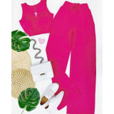 Sweet solid color short vest drawstring high waist straight trousers fashion casual suit