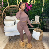 Round Neck Hollow out Long Sleeve Top High Waist Slim Tight Pants Set