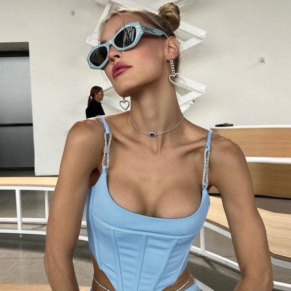 Diamond belt butterfly end waist show chest strap sexy slim fashion solid color short top
