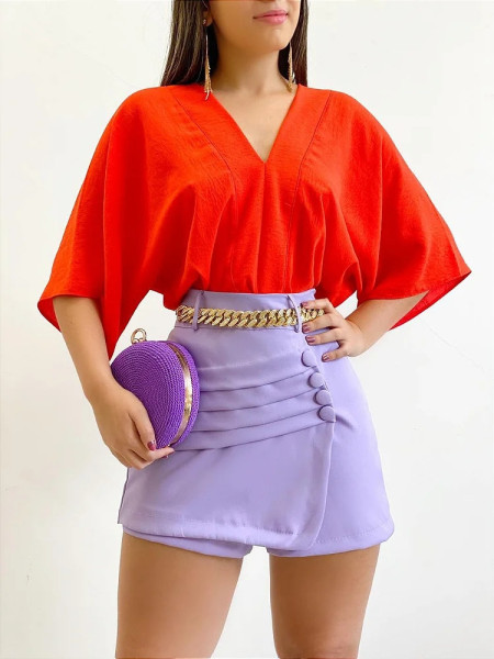 Solid loose large V-neck bat sleeve short sleeve women's shirt