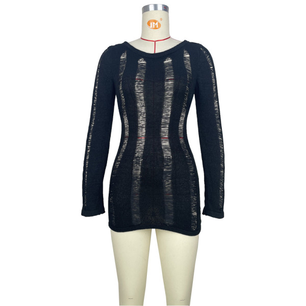 Sexy Hollow Thin Long Sleeve Top Round Neck Hollow Back Dress