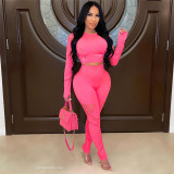 Round Neck Hollow out Long Sleeve Top High Waist Slim Tight Pants Set